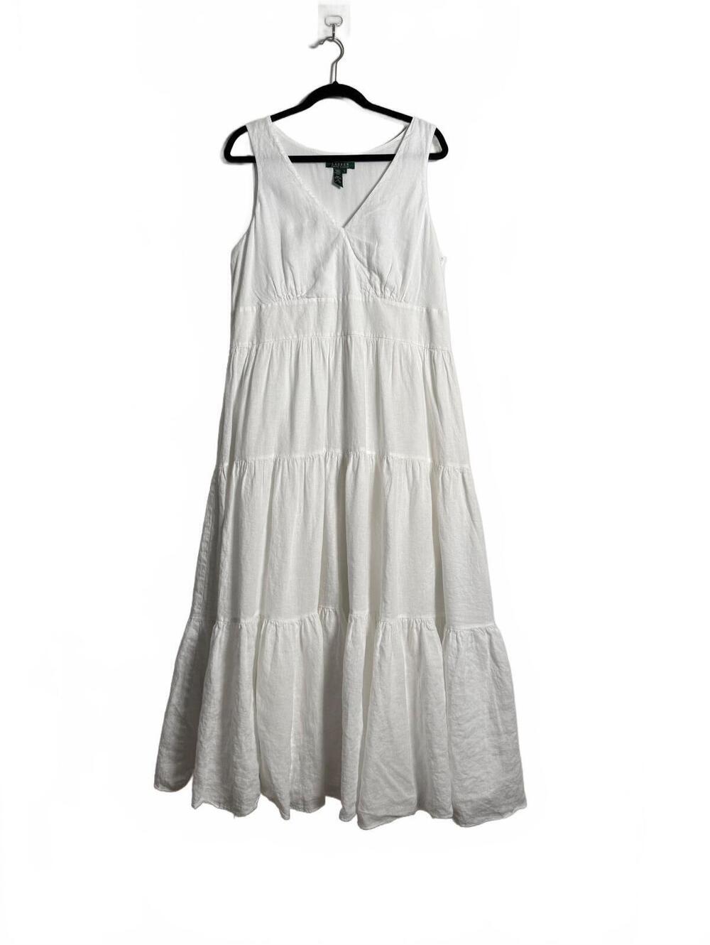 Lauren Ralph Lauren White Linen Tiered Peasant Maxi Dress